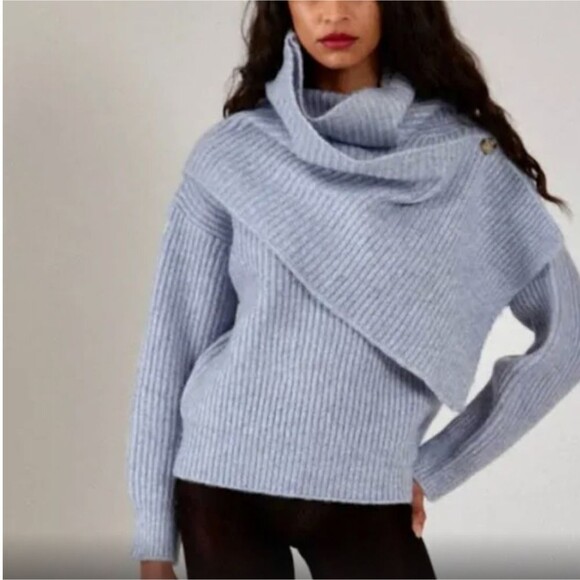 Thakoon Chunky Scarf Ribbed Knit Turtleneck Sweater Oatmeal Tan Size XL - Picture 1 of 11